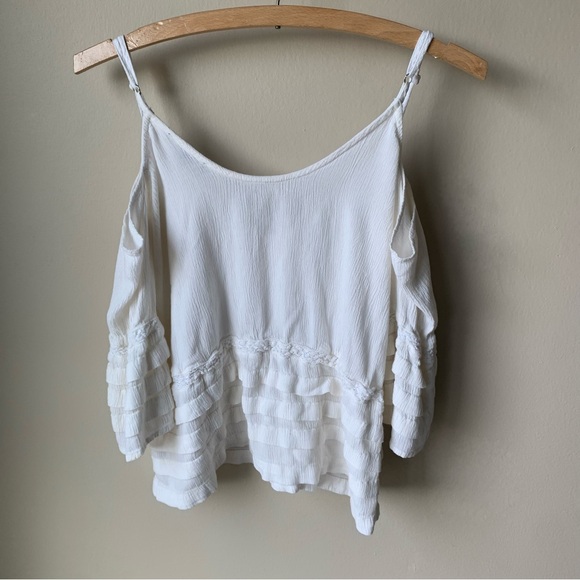 American Eagle outfitters cream cropped ruffle lace bell sleeved gauze top - Picture 2 of 9